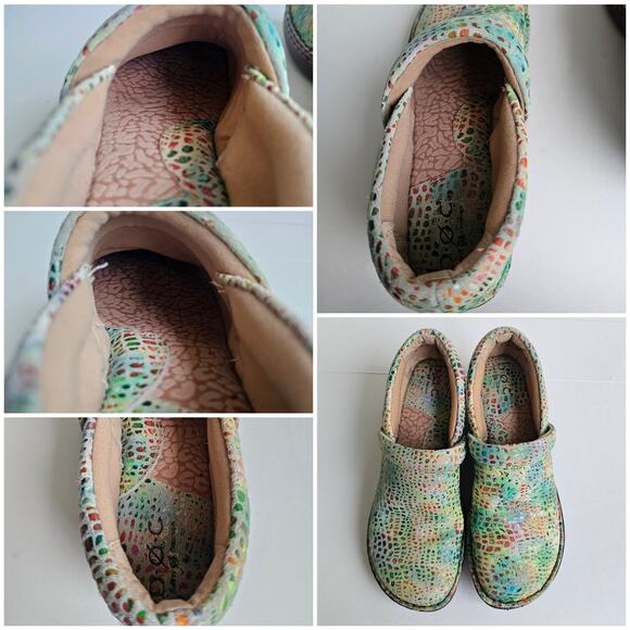 Rainbow Mosaic Clogs Born BOC Size 8 Leather Watercolor Multi Snake Print Floral - Picture 10 of 13